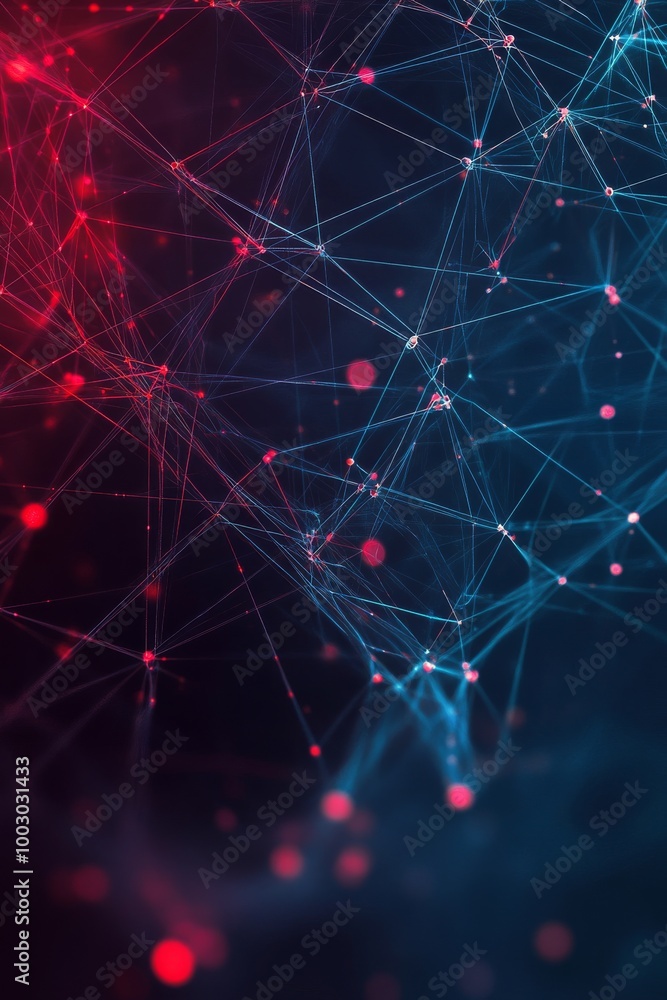 Abstract nodes and lines with red and blue lights on a dark background