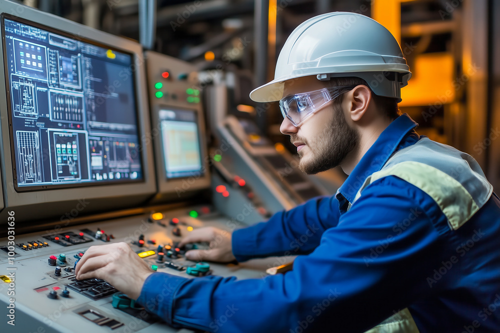 Industrial Engineer Monitoring Progress. Expert engineer in hard hat at control panel with multiple screens in an industrial facility. Industrial Engineer Monitoring Progress. Expert engineer in hard hat at control panel with multiple screens in an industrial facility.