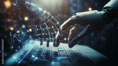 A robotic hand reaches out to connect with a laptop keyboard in a futuristic ...