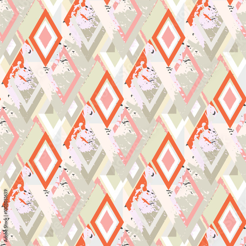 Geometric rhombus figures motley checkered seamless pattern, grunge scratches and attrition texture. Trendy background, wallpaper, wrapping paper, textile, print, layout	