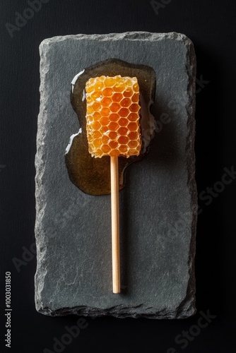 Honeycomb and drizzled honey on a dark slate plate showcasing natural sweetne...