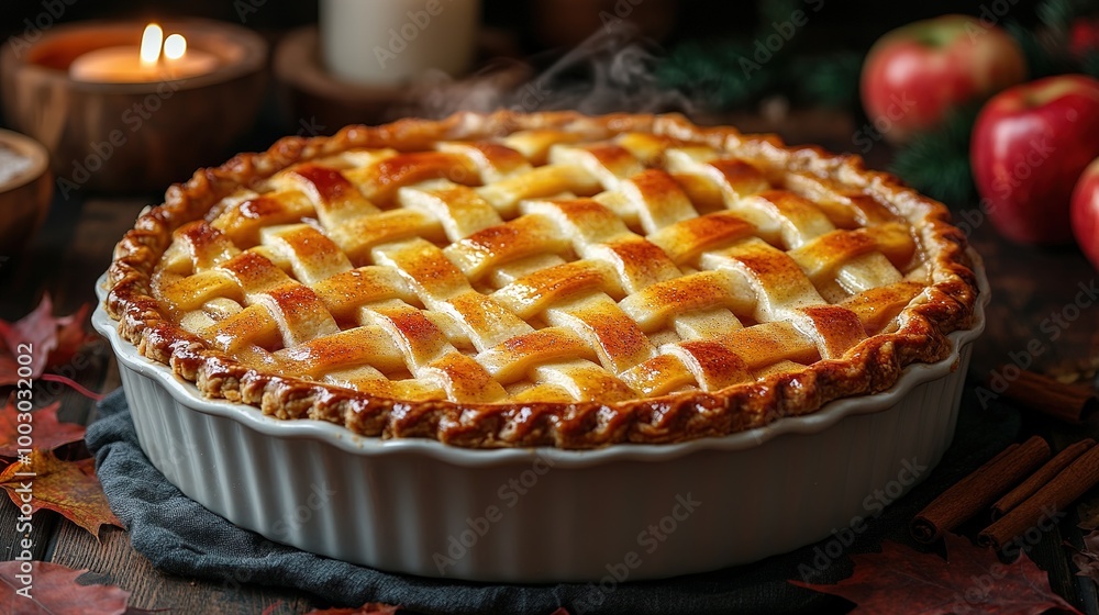 Apple pie decorated with lattice overhead shot, fall baking concept Apple pie decorated with lattice overhead shot, fall baking concept