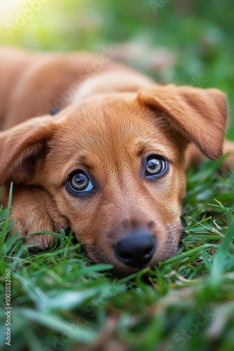 A playful puppy resting on green grass in a sunny outdoor setting during the ...