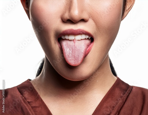 Primer plano de boca y labios de mujer sacando la lengua photo