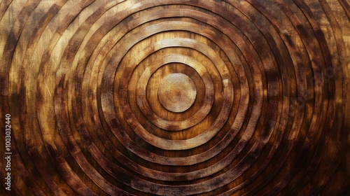 Concentric wooden rings create a textured pattern on a surface in soft natura...
