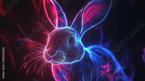 Colorful neon rabbit illustration with glowing outlines against a dark backgr...