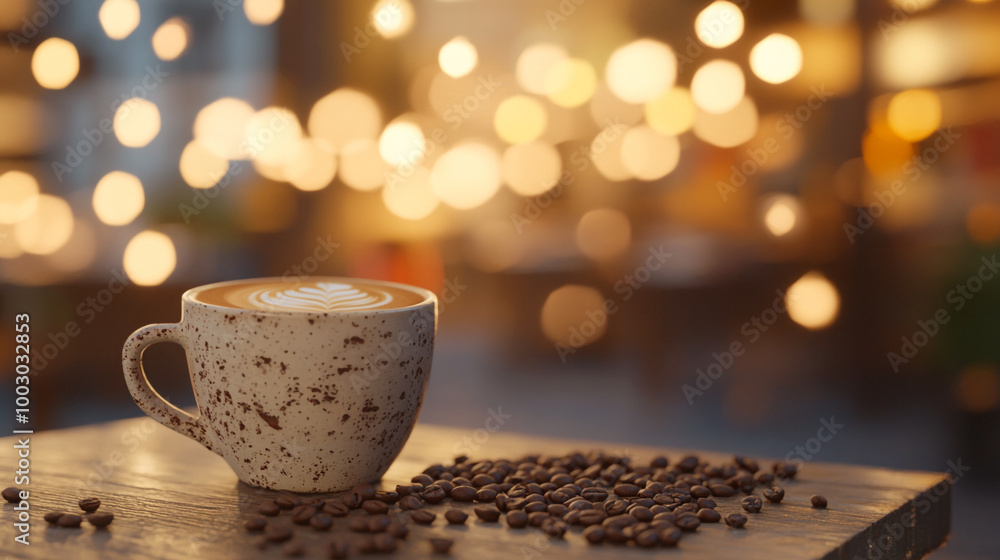beautifully crafted latte in a ceramic cup with latte art on top, placed on a wooden table scattered with coffee beans beautifully crafted latte in a ceramic cup with latte art on top, placed on a wooden table scattered with coffee beans