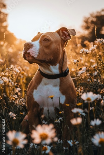 A beautiful dog enjoying a sunny day in a flower-filled meadow during golden ...