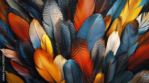 Colorful feathers with intricate patterns showcasing nature's beauty in close...