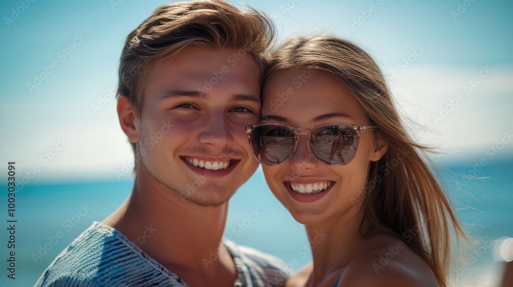 Beautiful young couple smiling on a summer day at the beach Beautiful young couple smiling on a summer day at the beach