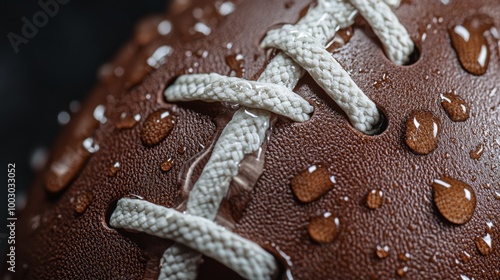 A close-up of a wet football showcasing water droplets on its surface during ...