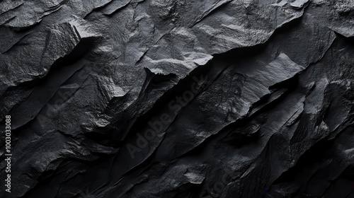 Wallpaper Mural rugged black stone surface with deep crevices and sharp edges dramatically lit to emphasize texture and shadows creating an abstract landscape of peaks and valleys Torontodigital.ca