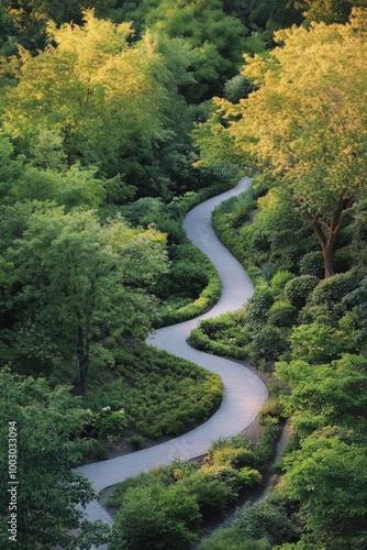 Serene winding path through lush greenery in a tranquil forest setting during...