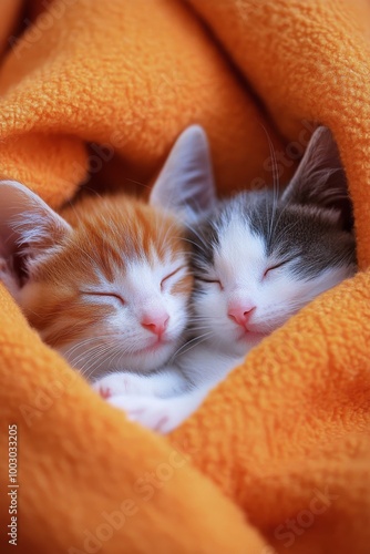 Two adorable kittens sleeping together in warm orange blanket during a cozy a...