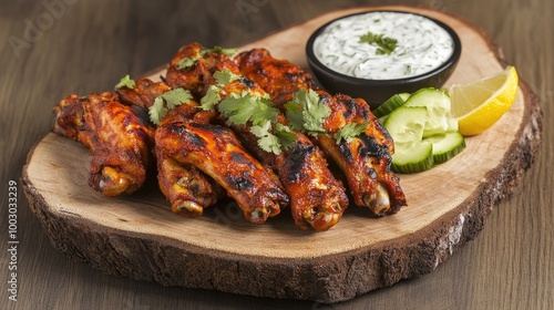 Spicy Chicken Wings with Dipping Sauce and Garnish