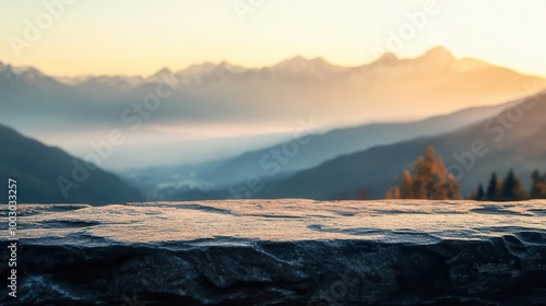 rugged stone table surface in foreground majestic mountain range silhouette at dawn warm golden light painting peaks misty valleys below natural textures in harmony