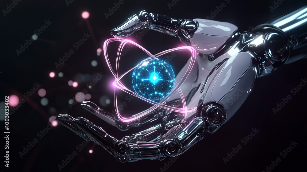 A robotic hand holding an atom, with a large blue glowing dot in its center and neon pink energy waves emanating from it, set against a dark background with subtle light effects to highlight details. A robotic hand holding an atom, with a large blue glowing dot in its center and neon pink energy waves emanating from it, set against a dark background with subtle light effects to highlight details.