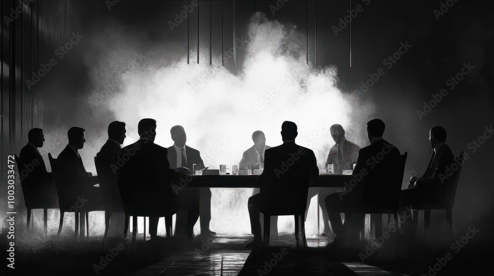 Black and white illustration of a secret meeting, a group of business people sitting at a table in the smoke. Mafia. Silhouettes of office workers. Black and white illustration of a secret meeting, a group of business people sitting at a table in the smoke. Mafia. Silhouettes of office workers.
