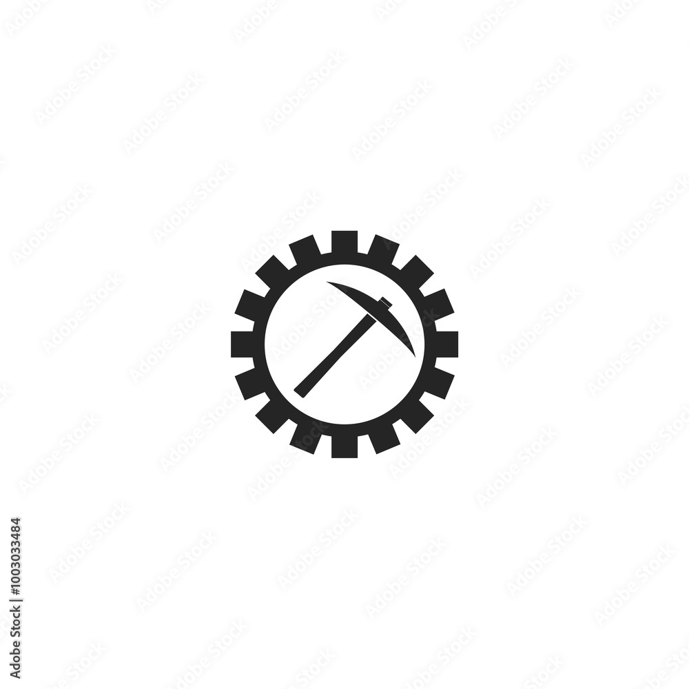 Mining pickaxe equipment tool in gear icon isolated on white background. Mining pickaxe equipment tool in gear icon isolated on white background.