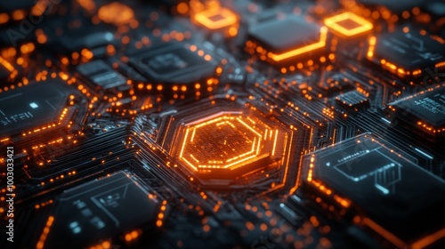 Intricate close-up of a futuristic circuit board illuminated with orange ligh...