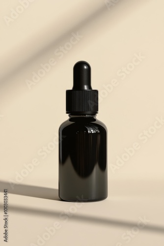 Elegant black dropper bottle with a gold cap against a textured golden backdrop
