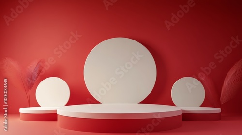 Bright red minimalist stage design with geometric shapes for events or presen...