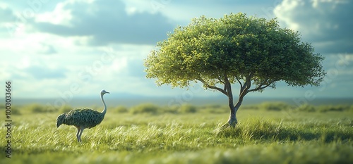 A lone ostrich stands in a grassy field with a tree in the background, under a bright blue sky with fluffy clouds. photo