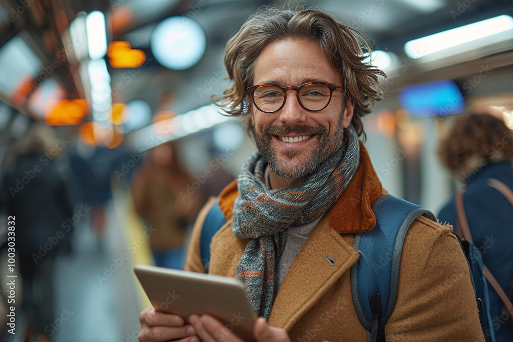 Urban setting of a stylish young businessman with tablet, captured on metro train station Urban setting of a stylish young businessman with tablet, captured on metro train station