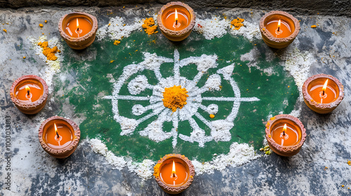  A vibrant Diwali rangoli adorned with colorful diyas photo