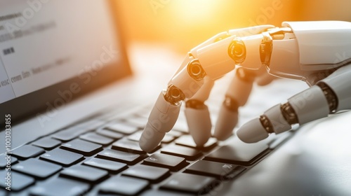 A robotic hand reaches out to connect with a laptop keyboard in a futuristic ...