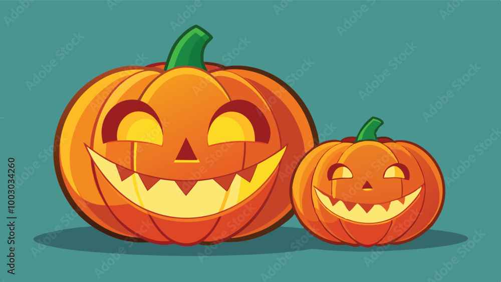 Two cheerful pumpkins with grinning faces in a playful cartoon style, set against a solid teal background, perfect for celebrating fall and Halloween festivities Two cheerful pumpkins with grinning faces in a playful cartoon style, set against a solid teal background, perfect for celebrating fall and Halloween festivities