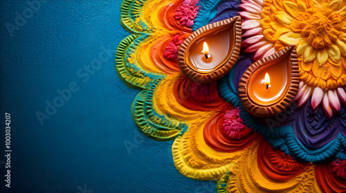  A vibrant Diwali rangoli adorned with colorful diyas photo