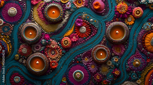  A vibrant Diwali rangoli adorned with colorful diyas photo