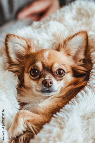A cozy brown Chihuahua nestled in a soft blanket at home, enjoying relaxation...