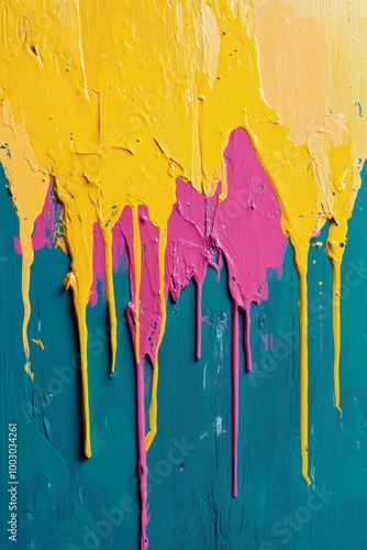 Vibrant colors blend with dripping paint on a textured canvas in an artistic ...
