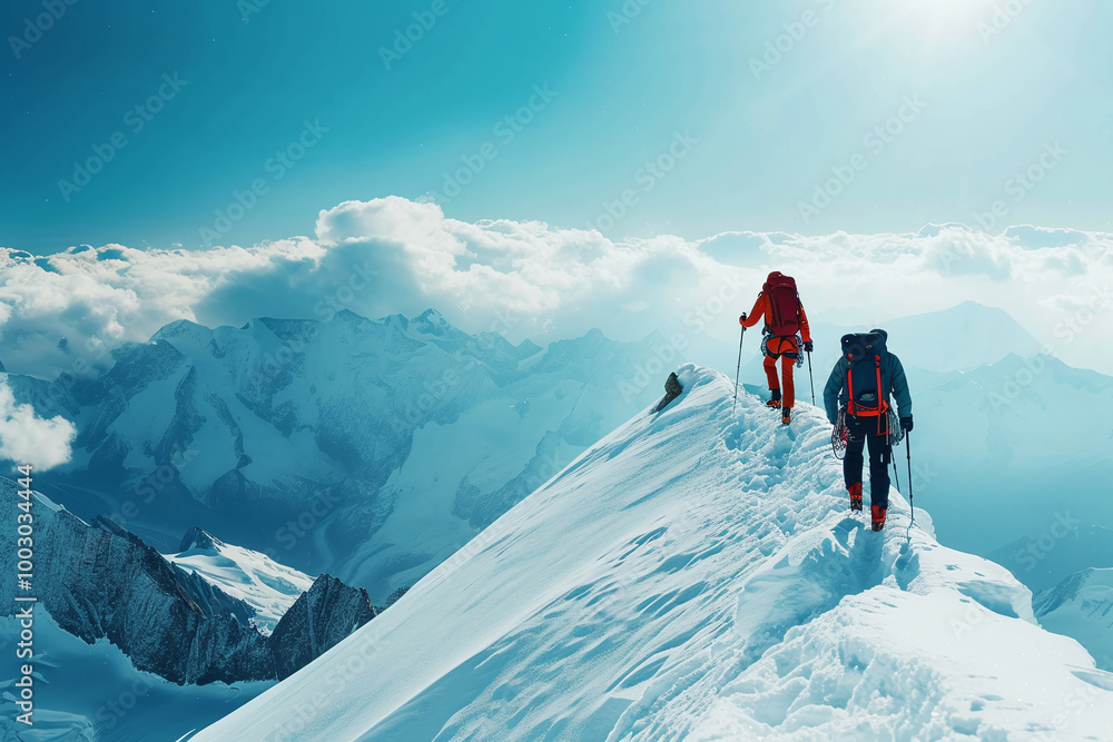 Rearview of a two hiking mountaineers with a backpack and winter clothing, exploring and hiking on top of a snowy mountain with a frozen landscape, extreme sports adventure, mountaineering Rearview of a two hiking mountaineers with a backpack and winter clothing, exploring and hiking on top of a snowy mountain with a frozen landscape, extreme sports adventure, mountaineering