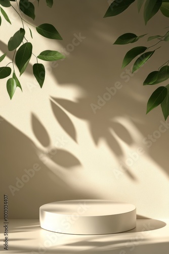 Minimalist display with circular pedestal under natural light and leafy shado...