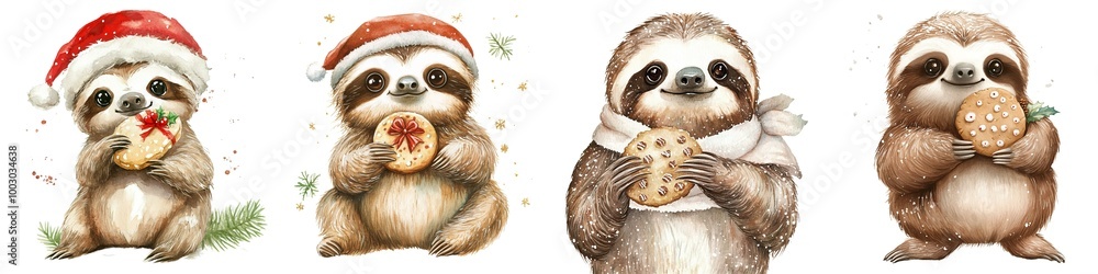 Festive sloths enjoying holiday treats, white isolate background. Festive sloths enjoying holiday treats, white isolate background.