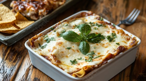 Delicious baked pasta with cheese and herbs served alongside nachos on a wood...