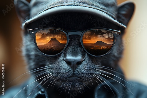 Stylish cat wearing sunglasses reflecting majestic mountain landscape at sunset photo