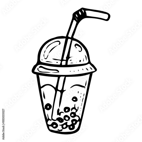 Bubble tea drink hand drawn doodle. Cocktail with tapioca balls, syrup, juice. Plastic cup with straw. Sweet sugar water. Chilled street drink. Fast food. Vector sketch line art illustration.