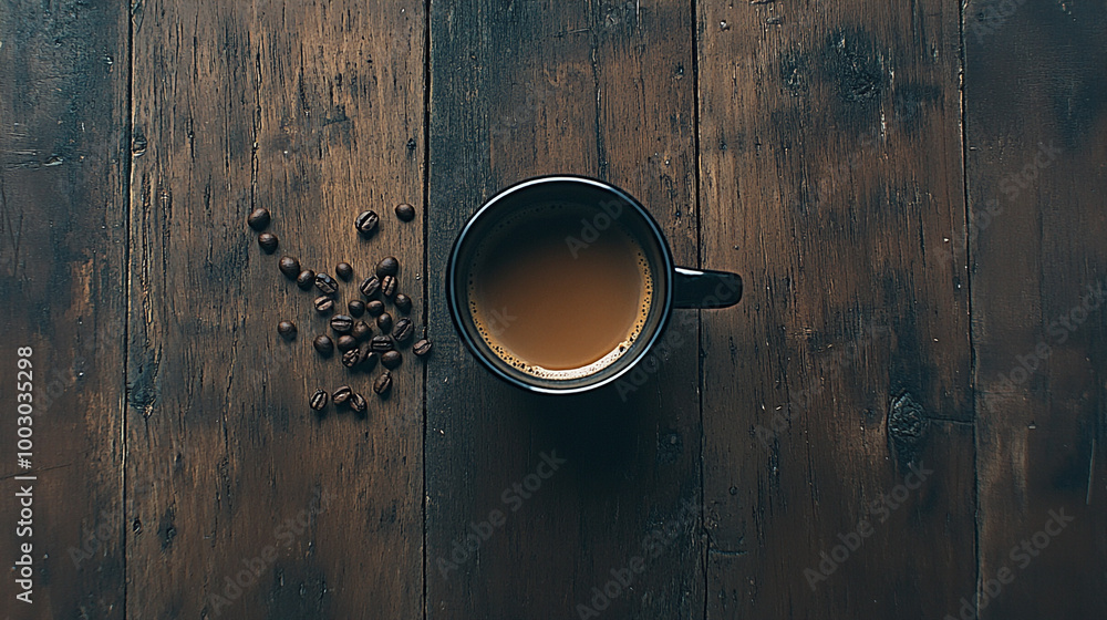 seen from above. On the rough and dark wooden table, a cup of coffee. coffee beans scatter on the table. copy space seen from above. On the rough and dark wooden table, a cup of coffee. coffee beans scatter on the table. copy space