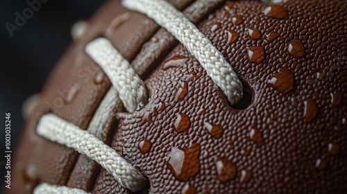 A close-up of a wet football showcasing water droplets on its surface during ...
