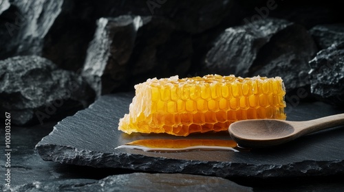 Golden honeycomb and spoonful of honey on slate serving platter with dark sto...
