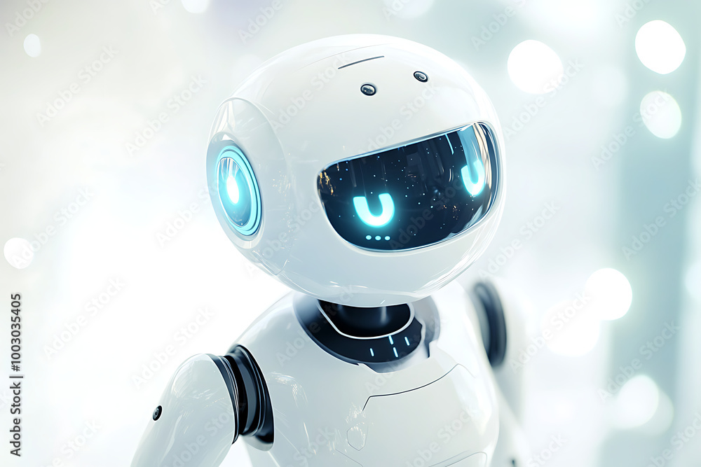 Naklejka premium A futuristic robot with glowing eyes, designed for interaction and technology.