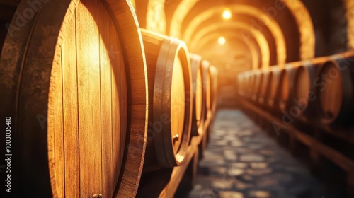 rustic wine cellar ambiance rows of oak barrels in dimly lit stone cellar warm golden light casting long shadows rich wooden textures and hints of vintage charm photo