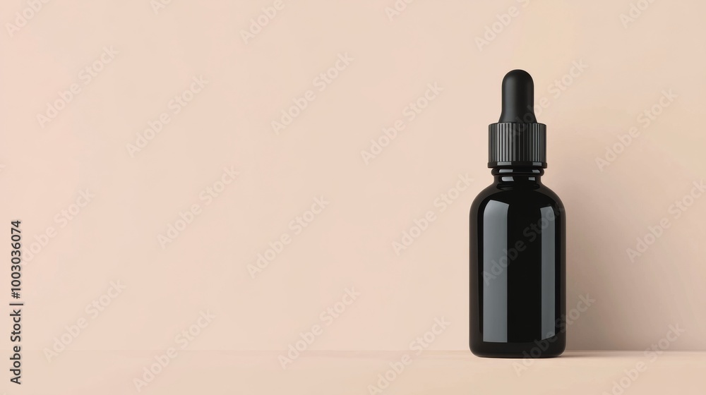 Sleek black dropper bottle on a light background used for essential oils or liquid supplements Sleek black dropper bottle on a light background used for essential oils or liquid supplements