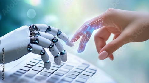 A robotic hand reaches out to connect with a laptop keyboard in a futuristic ...