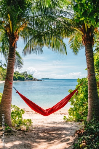 Relaxing in a red hammock between palm trees on a tranquil beach in tropical ...