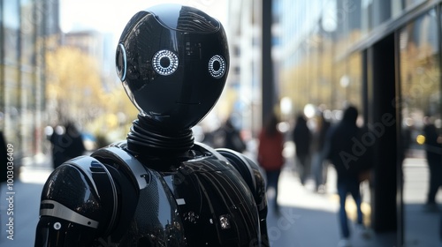 A mirror-like humanoid robot stands in a modern urban environment with reflec...
